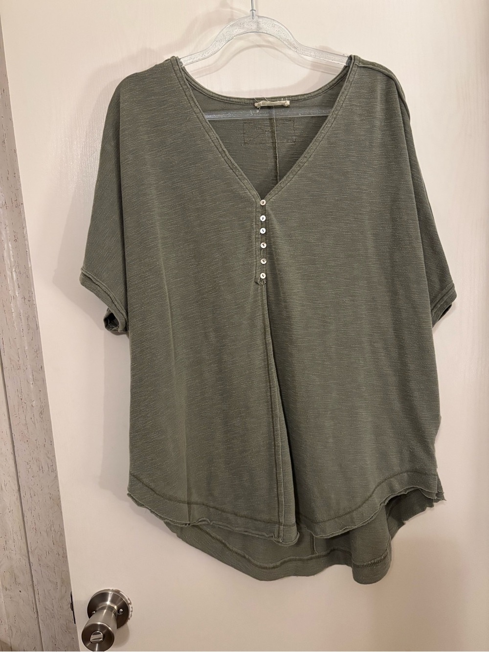 Relaxed Olive V-Neck Short Sleeve Top with Button Detail